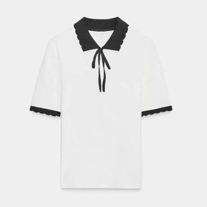 NWT Zara Scalloped Bib Bow Collar Knit Top in White/Black - L